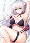  1girl absurdres ahoge bikini black_bikini black_choker black_jacket choker cropped_jacket fate/grand_order fate_(series) highres jacket jeanne_d&#039;arc_(alter_swimsuit_berserker) jeanne_d&#039;arc_(fate)_(all) long_hair nuts_p_nuts o-ring o-ring_bikini o-ring_bottom o-ring_top shrug_(clothing) silver_hair solo swimsuit thigh_strap very_long_hair white_background yellow_eyes 