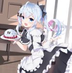  1girl :d absurdres ahoge apron bangs bell black_bow black_dress blue_eyes blue_hair blush bow brown_legwear commentary_request copyright_request dress eyebrows_visible_through_hair fang food frilled_apron frilled_dress frills fruit fuyuki030 hair_bell hair_between_eyes hair_bow hair_ornament highres holding holding_tray indoors jingle_bell leaning_forward long_hair looking_at_viewer looking_back multicolored_hair nail_polish open_mouth pantyhose pink_hair pink_nails ponytail shirt short_sleeves smile solo strawberry sweat thighband_pantyhose tray two-tone_hair virtual_youtuber white_apron white_bow white_shirt wrist_cuffs 