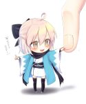  1girl ahoge black_ribbon blonde_hair blush check_translation chibi commentary fate/grand_order fate_(series) flying_sweatdrops hair_between_eyes hakama japanese_clothes obi okita_souji_(fate)_(all) pigeon-toed pointing pota_(xx11ovo11xx) ribbon sash smile solo_focus translation_request white_background wide_sleeves yellow_eyes 