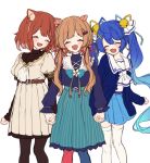  3girls :d ^_^ amamiya_kokoro animal_ears bangs bell blue_bow blue_hair blue_jacket blue_legwear blue_ribbon blue_shirt blue_skirt blush bow brown_dress brown_eyes brown_hair brown_legwear closed_eyes commentary_request deer_ears dress eli_conifer eyebrows_visible_through_hair fang flower girl_sandwich gradient_hair hair_bell hair_ornament hair_ribbon hairclip holding_hands interlocked_fingers jacket jingle_bell long_hair long_sleeves mismatched_legwear multicolored_hair multiple_girls nijisanji open_clothes open_jacket open_mouth pantyhose pleated_dress pleated_skirt puffy_long_sleeves puffy_short_sleeves puffy_sleeves ratna_petit red_legwear red_panda_ears red_ribbon ribbon sandwiched shirt short_over_long_sleeves short_sleeves simple_background skirt sleeves_past_wrists smile striped thigh-highs twintails vertical-striped_skirt vertical_stripes very_long_hair virtual_youtuber white_background white_flower white_legwear white_neckwear white_ribbon white_shirt x_hair_ornament yamabukiiro yellow_ribbon 