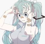  1girl aqua_hair bandaid bandaid_on_arm bandaid_on_face bandaid_on_nose bangs blue_eyes blush breasts crossed_bangs crying crying_with_eyes_open eiku eyebrows_visible_through_hair grey_background hair_between_eyes hair_ornament hatsune_miku highres long_hair medium_breasts popped_collar shirt simple_background sleeveless sleeveless_shirt solo tears teeth twintails upper_body vocaloid 