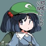  1girl artist_name backpack bag bangs blue_hair character_name collar face flat_cap frilled_collar frilled_shirt_collar frills green_headwear hair_bobbles hair_ornament hat huxiao_(mistlakefront) kawashiro_nitori key looking_at_viewer number short_hair simple_background solo touhou twintails two_side_up upper_body 