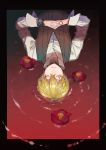  1boy absurdres blonde_hair blood_warning closed_eyes command_spell fate/strange_fake fate_(series) flat_eskardos flower highres interlocked_fingers lying pa_yashi partially_submerged pool_of_blood solo spoilers upside-down vest waistcoat 