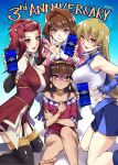  4girls bare_shoulders blonde_hair blue_eyes blush breasts brown_eyes brown_hair cellphone choker dark_skin dress elbow_gloves fingerless_gloves gloves highres izayoi_aki large_breasts long_hair mazaki_anzu mibry_(phrysm) multiple_girls open_mouth phone puffy_sleeves red_eyes redhead sera short_hair short_sleeves sideboob skirt sleeveless smartphone tenjouin_asuka thigh-highs yellow_eyes yuu-gi-ou yuu-gi-ou_5d&#039;s yuu-gi-ou_duel_links yuu-gi-ou_duel_monsters yuu-gi-ou_gx yuu-gi-ou_the_dark_side_of_dimensions 