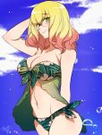  1girl beach bikini blazblue blonde_hair blush breasts eyebrows glasses green_eyes large_breasts multicolored_hair pink_hair round_eyewear sky smile solo swimsuit trinity_glassfield tusia two-tone_hair 