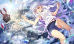  1girl animal_hood bangs blue_shorts bunny_hood eyebrows_visible_through_hair floating_hair highres hood hood_down hooded_cardigan long_hair midriff navel nonomaro open_mouth outdoors purple_tank_top shiny shiny_hair short_shorts shorts signature silver_hair solo stomach tenki_no_ko very_long_hair violet_eyes white_cardigan 