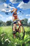  1girl absurdres bicycle blue_sky brown_hair clouds cloudy_sky flying_sweatdrops gloves grass ground_vehicle haruka_(pokemon) highres ligton1225 medium_hair open_mouth outdoors pokemon pokemon_(game) pokemon_rse red_footwear sky smile tree white_gloves 