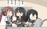  3girls arm_warmers asagumo_(kantai_collection) ascot black_hair blazer blue_headband blue_sailor_collar box brown_hair commentary_request cowboy_shot curry curry_rice dated eating food glasses grey_eyes grey_skirt hair_ribbon hairband hamu_koutarou hatsushimo_(kantai_collection) headband highres jacket kantai_collection long_hair low-tied_long_hair masu multiple_girls newspaper ooyodo_(kantai_collection) opaque_glasses pleated_skirt reading red_eyes red_neckwear remodel_(kantai_collection) ribbon rice sailor_collar school_uniform semi-rimless_eyewear serafuku shirt sign skirt suspender_skirt suspenders table translation_request tray twintails under-rim_eyewear upper_body white_shirt 