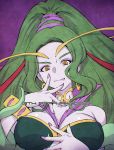  1girl breasts character_name choker cleavage_cutout crescent crescent_earrings earrings evil_smile fang finger_to_face green_hair green_pupils hair_up highres hoop jewelry kazuma_muramasa large_breasts long_hair multicolored multicolored_eyes nail_polish ophiuchus_(precure) pale_skin precure purple_background purple_nails signature smile solo spoilers star star-shaped_pupils star_twinkle_precure symbol-shaped_pupils wristband yellow_eyes 
