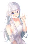  1girl absurdres bangs bare_shoulders blush breasts collarbone commentary_request dress eyebrows_visible_through_hair grey_hair highres kokose long_hair medium_breasts open_mouth original short_sleeves silver_hair simple_background smile solo violet_eyes white_background white_dress 