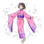  1girl :d blue_eyes brown_hair floral_print flower full_body hair_flower hair_ornament highres japanese_clothes kimono long_sleeves looking_at_viewer obi open_mouth pink_flower pink_kimono print_kimono purple_flower ronye_arabel sash shiny shiny_hair short_hair short_twintails smile socks solo standing sword_art_online transparent_background twintails white_legwear wide_sleeves yukata 