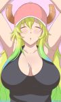  absurdres baseball_cap black_shirt breasts closed_eyes dragon dragon_girl dragon_horns hat highres horns kobayashi-san_chi_no_maidragon large_breasts long_hair quetzalcoatl_(maidragon) shirt simple_background tank_top 