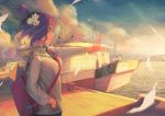  1girl bag blue_eyes breasts commentary_request fate/grand_order fate_(series) feathers flower grey_hoodie hair_bun hair_flower hair_ornament harbor hood hoodie katsushika_hokusai_(fate/grand_order) long_sleeves medium_breasts outdoors purple_hair rotix ship short_hair solo sun water watercraft white_flower 