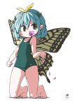  1girl absurdres artist_name blue_hair blush butterfly_wings collarbone eternity_larva flat_chest flower hair_between_eyes highres huxiao_(mistlakefront) kneeling leaf leaf_on_head mouth_hold one-piece_swimsuit petals shadow short_hair solo swimsuit touhou white_background wings yellow_eyes 