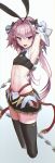  1boy animal_ears armpits arms_up astolfo_(fate) bare_shoulders black_bow black_legwear black_skirt blush bow covered_nipples fang fate/grand_order fate_(series) gradient gradient_background hair_bow highres holding holding_sword holding_weapon long_hair navel nekoemonn open_mouth pink_eyes pink_hair rabbit_ears skirt smile solo sword thigh-highs weapon whip_sword 