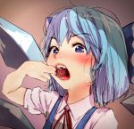  blue_dress blue_eyes blue_hair blush cirno diathorn dress fangs finger_in_mouth ice ice_wings mouth_pull saliva short_hair touhou wings 