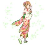  1girl asuna_(sao) braid brown_eyes brown_hair crown_braid floral_print flower from_side full_body gradient_kimono hair_flower hair_ornament highres japanese_clothes kimono long_sleeves looking_at_viewer official_art parted_lips pink_flower print_kimono short_hair_with_long_locks sidelocks solo standing sword_art_online tabi transparent_background white_legwear wide_sleeves yukata 