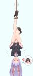  1girl :d absurdres anger_vein angry animal_ears bare_legs black_footwear black_hair black_jacket blazer blush breasts bunny_girl carrot_necklace collared_shirt crescent crescent_moon_pin dress embarrassed forneus_0 full_body hanging highres inaba_tewi jacket lavender_hair leg_up long_hair looking_at_viewer medium_breasts miniskirt necktie open_mouth panties pink_dress pink_panties pink_skirt pleated_skirt pointing pointing_at_viewer purple_hair rabbit_ears red_eyes red_neckwear reisen_udongein_inaba restrained shirt shoes side-tie_panties skirt skirt_tug smile solo spoken_anger_vein spoken_character thighs touhou trapped underwear upside-down very_long_hair white_legwear white_shirt 