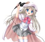  1girl :d bangs blue_eyes cape cowboy_shot dress_shirt eyebrows_visible_through_hair grey_skirt hat hat_ribbon highres holding holding_microphone kud_wafter leaning_forward little_busters!! looking_at_viewer microphone miniskirt na-ga noumi_kudryavka open_mouth pink_neckwear plaid plaid_skirt pleated_skirt purple_ribbon ribbon school_uniform shirt simple_background skirt smile solo standing thigh-highs white_background white_cape white_headwear white_legwear white_shirt zettai_ryouiki 