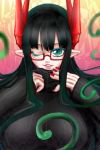  1girl bangs black_hair black_sweater breasts demon_horns green_eyes hand_on_own_chest horns large_breasts merii_(musuko_ga_kawaikute_shikatanai_mazoku_no_hahaoya) musuko_ga_kawaikute_shikatanai_mazoku_no_hahaoya nail_polish one_eye_closed parted_lips pointy_ears red_horns rio_akatuki sweater tentacle_hair tentacles traditional_media watercolor_(medium) 