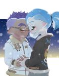  2boys blue_hair blush coat fur_trim green_eyes highres holding_hands inkling kouhai_(souzaipan) looking_at_viewer multiple_boys night orange_eyes outdoors purple-framed_eyewear purple_hair senpai_(souzaipan) smile snow souzaipan spiky_hair splatoon_(series) tentacle_hair yaoi 