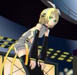  1girl anime_coloring bangs bare_shoulders black_sleeves blonde_hair bow d_futagosaikyou detached_sleeves expressionless feet_out_of_frame green_eyes green_nails hair_bow hair_ornament hairclip hands_on_own_knees headphones indoors kagamine_rin kagamine_rin_(append) leaning_forward looking_at_viewer midriff midriff_cutout nail_polish navel scanlines shirt short_hair short_shorts shorts sleeveless sleeveless_shirt solo swept_bangs thigh-highs vocaloid vocaloid_append white_bow white_shirt zettai_ryouiki 