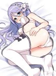  1girl :d ass bangs bare_arms bare_shoulders bed_sheet black_bow blue_eyes blush bow bra breasts commentary_request eyebrows_visible_through_hair hair_between_eyes hair_ribbon hairband hoshino_shizuru long_hair looking_at_viewer lying mauve medium_breasts no_socks on_side open_mouth panties princess_connect! princess_connect!_re:dive purple_hair ribbon smile soles solo thigh-highs underwear underwear_only very_long_hair white_bra white_hairband white_legwear white_panties white_ribbon 