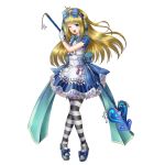  1girl ;d alice_(hitsuji_chronicle) blonde_hair blue_bow blue_dress blue_eyes bow dress full_body gloves hair_bow hitsuji_chronicle holding_polearm long_hair official_art one_eye_closed open_mouth short_sleeves smile solo standing striped striped_legwear stuffed_animal stuffed_cat stuffed_toy thigh-highs tilted_headwear white_gloves 