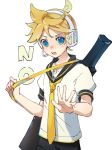  1boy bass_clef black_collar black_shorts blonde_hair blue_eyes carrying_over_shoulder collar headphones headset highres holding_strap instrument_case kagamine_len light_blush looking_at_viewer motu0505 necktie no open_mouth outstretched_hand sailor_collar school_uniform shirt short_ponytail short_sleeves shorts solo spiky_hair sweat upper_body v-shaped_eyebrows vocaloid white_background white_shirt yellow_neckwear 