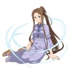  1girl arm_support brown_hair closed_mouth dress earrings full_body grey_dress hair_intakes hair_ribbon high_ponytail highres jewelry long_dress long_hair long_sleeves official_art ribbon sitting smile solo sortiliena_serlut sword_art_online transparent_background very_long_hair violet_eyes white_ribbon 