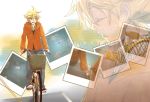  1boy bicycle bicycle_basket blonde_hair blue_eyes cellphone chain-link_fence commentary denim fence full_body ground_vehicle holding holding_cellphone holding_hands holding_phone jacket jeans kagamine_len male_focus open_mouth orange_jacket pants phone photo_(object) projected_inset road sakanashi shoes sky sneakers spiky_hair street translated vocaloid worried 
