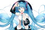  1girl ;d arm_up bangs bare_shoulders black_skirt blue_eyes blue_hair blue_neckwear blush breasts commentary cowboy_shot detached_sleeves eyebrows_visible_through_hair hair_between_eyes hand_up hatsune_miku headphones headset holding kh_(kh_1128) long_hair long_sleeves looking_at_viewer miniskirt necktie one_eye_closed open_mouth pleated_skirt shirt simple_background skirt sleeveless sleeveless_shirt small_breasts smile solo star twintails very_long_hair vocaloid white_background white_shirt wide_sleeves 