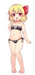  1girl ass_visible_through_thighs baku-p bare_shoulders barefoot bikini black_bikini blonde_hair breasts collarbone commentary_request fang full_body hand_on_own_chest highres legs navel open_mouth red_eyes ribbon rumia short_hair side-tie_bikini simple_background small_breasts smile solo swimsuit thigh_gap thighs touhou white_background 