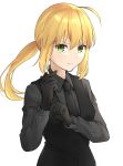  1girl adjusting_clothes adjusting_gloves ahoge artoria_pendragon_(all) bangs black_gloves black_neckwear black_shirt blonde_hair closed_mouth collared_shirt fate/zero fate_(series) floating_hair formal gloves green_eyes hair_between_eyes highres long_hair long_sleeves necktie ponytail saber shirt simple_background solo tsurupy upper_body white_background wing_collar 