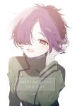  1girl breasts chrome_dokuro commentary_request happy_birthday katekyo_hitman_reborn looking_at_viewer naomato open_mouth purple_hair short_hair simple_background smile solo violet_eyes white_background 