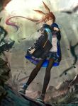  1girl amiya_(arknights) animal_ears arknights bangs black_footwear black_jacket black_skirt blue_eyes blurry blurry_background brown_hair brown_legwear commentary_request depth_of_field floating_hair hair_between_eyes hand_up highres jacket long_hair long_sleeves looking_away looking_to_the_side open_clothes open_jacket pantyhose parted_lips pleated_skirt ponytail rabbit_ears shirt shoes skirt solo standing very_long_hair white_shirt yano_mitsuki 