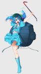  1girl absurdres backpack bag bangs black_bag blue_eyes blue_footwear blue_hair blue_skirt commentary copyright_name grey_background hair_bobbles hair_ornament hat highres holding kawashiro_nitori mikan_(migwang) open_mouth puffy_short_sleeves puffy_sleeves short_hair short_sleeves simple_background skirt smile solo touhou two_side_up upper_teeth 