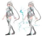  1girl absurdres armor braid character_sheet closed_mouth eyebrows_visible_through_hair frown grey_hair highres long_hair original panko_(drive_co) ponytail red_eyes simple_background smile standing white_background 