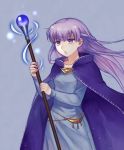  1girl absurdly_long_hair belly_chain blue_background blue_dress cloak collarbone dress expressionless fire_emblem fire_emblem:_the_binding_blade highres holding holding_staff jewelry long_hair long_sleeves magic mesz410 purple_cloak purple_hair simple_background solo sophia_(fire_emblem) staff very_long_hair violet_eyes 