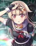  1girl black_gloves black_ribbon black_serafuku black_skirt blonde_hair fingerless_gloves gloves hair_flaps hair_ornament hair_ribbon hairclip highres kantai_collection long_hair neckerchief open_mouth pleated_skirt rain rainbow red_eyes red_neckwear remodel_(kantai_collection) ribbon scarf school_uniform serafuku skirt solo soramuko torpedo white_scarf yuudachi_(kantai_collection) 