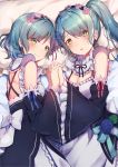  2girls absurdres apron aqua_hair aqua_ribbon back_bow bang_dream! bangs black_neckwear blue_flower blue_rose blush bow cleavage_cutout cosplay dress earrings flower flower_knot frilled_apron frilled_pillow frilled_shirt_collar frilled_sleeves frills green_flower green_rose hair_ornament hairband highres hikawa_hina hikawa_sayo holding_hands jewelry long_hair looking_at_viewer lying maid mia_(fai1510) multiple_girls neck_ribbon on_side open_mouth pillow ponytail ram_(re:zero) ram_(re:zero)_(cosplay) re:zero_kara_hajimeru_isekai_seikatsu rem_(re:zero) rem_(re:zero)_(cosplay) ribbon ribbon-trimmed_sleeves ribbon_trim rose short_hair siblings side_braids sisters smile striped striped_ribbon twins white_bow wide_sleeves x_hair_ornament 