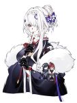  3girls alternate_costume alternate_hairstyle arrow azur_lane bangs black_hair chuzenji colorado_(azur_lane) commentary fur_trim japanese_clothes kimono long_hair maryland_(azur_lane) minigirl multiple_girls new_year red_eyes redhead west_virginia_(azur_lane) white_hair 