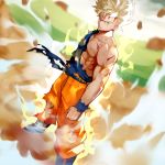  1boy 55level aqua_eyes aura blonde_hair blood blood_from_mouth boots clenched_hand cuts dougi dragon_ball dragon_ball_z dutch_angle floating_rock highres injury looking_at_viewer male_focus muscle pants sash serious solo son_gokuu spiky_hair super_saiyan torn_clothes torn_pants wristband 