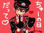  1boy absurdres black_gloves black_hair blush fang gloves hair_between_eyes hanako_(jibaku_shounen_hanako-kun) hanoyuta hat heart highres jibaku_shounen_hanako-kun looking_at_viewer open_mouth red_background school_uniform smile solo yellow_eyes 