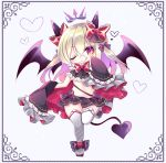 1girl ;q bangs black_bow black_skirt black_sleeves black_wings blonde_hair blush boots bow chibi closed_mouth commentary_request demon_girl demon_horns demon_tail demon_wings detached_sleeves eyebrows_visible_through_hair full_body hair_between_eyes hair_bow horns long_hair long_sleeves multicolored_hair one_eye_closed original pleated_skirt purple_hair red_bow red_eyes shikito skirt sleeves_past_fingers sleeves_past_wrists smile solo standing standing_on_one_leg tail thigh-highs thigh_boots tongue tongue_out two-tone_hair white_background white_footwear white_legwear wings 