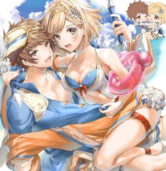  1boy 1girl arm_around_shoulder bangs blonde_hair blue_shirt bracelet brown_eyes brown_hair djeeta_(granblue_fantasy) gran_(granblue_fantasy) granblue_fantasy headband highres holding holding_weapon innertube jewelry ooluoul shirt short_hair smile swimsuit sword towel water weapon 