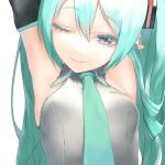  1girl aqua_eyes aqua_hair armpits arms_up bare_shoulders black_sleeves breasts close-up detached_sleeves grey_shirt hair_ornament half-closed_eyes hatsune_miku highres lips long_hair looking_at_viewer necktie one_eye_closed portrait rsk_(tbhono) shirt sleeveless sleeveless_shirt small_breasts smile solo twintails very_long_hair vocaloid white_background 