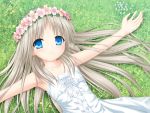  1girl bangs blue_eyes closed_mouth collarbone day dress eyebrows_visible_through_hair flower hair_between_eyes hair_flower hair_ornament head_wreath highres kud_wafter little_busters!! long_hair looking_at_viewer lying na-ga noumi_kudryavka on_back outdoors outstretched_arms silver_hair sleeveless sleeveless_dress smile solo sundress underwear very_long_hair white_dress white_flower 