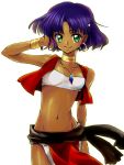  1girl bandeau bare_shoulders bob_cut bracelet breasts closed_mouth commentary_request dark_skin earrings fushigi_no_umi_no_nadia green_eyes hair_ornament hairclip jewelry kuonxkuon loincloth looking_at_viewer midriff nadia neck_ring necklace pelvic_curtain purple_hair short_hair simple_background smile solo strapless tubetop vest white_background 