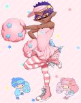  1girl 2boys blush cheerleader crossdressinging dark_skin dress high_tops highres inkling kiki_(little_twin_stars) lala_(little_twin_stars) little_twin_stars looking_at_viewer multiple_boys orange_eyes over-rim_eyewear pantyhose pink_dress pink_legwear pleated_dress pom_poms pose purple-framed_eyewear purple_hair semi-rimless_eyewear senpai_(souzaipan) shoes sneakers souzaipan spiky_hair splatoon_(series) striped striped_legwear sweatdrop tentacle_hair visor 